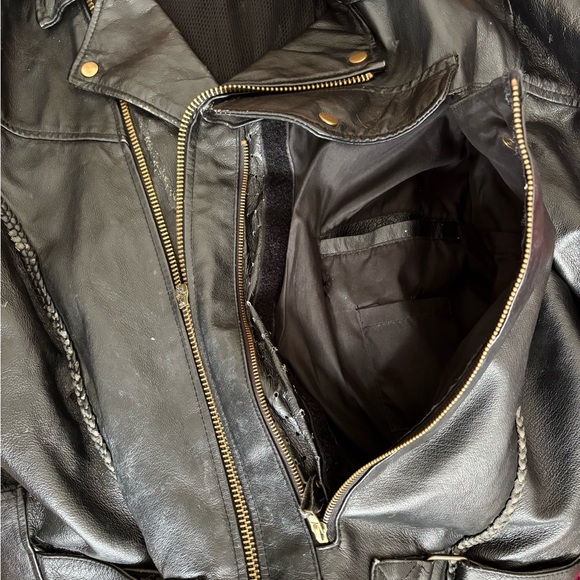 Heavy Black Leather Rugged Biker Motorcycle Jacket, Gold Hardware Zippers 44 - Picture 9 of 10